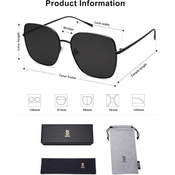 ✨Women Black Trendy Oversized Square Metal Frame Retro Big Flat Lens Sunglasses